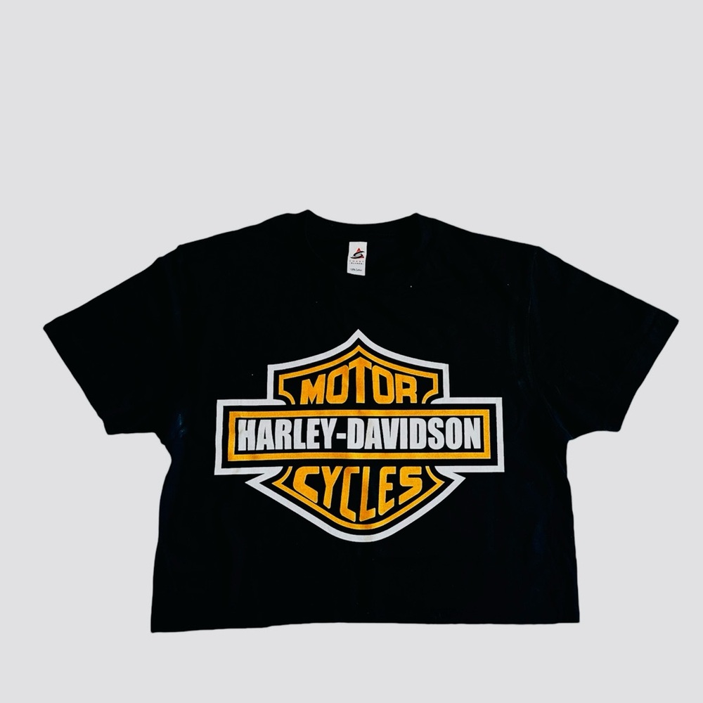 Harley-Davidson Black Tee with Gold and White Logo crop top